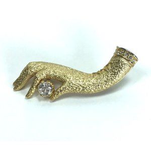 Vintage Victorian Revival Gold Tone Gloved Hand Holding Clear Rhinestone Brooch